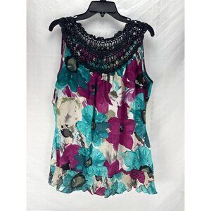 Inois Boho Crochet Floral Tank Top Size L Sleeveless Festival Hippie Purple Blue